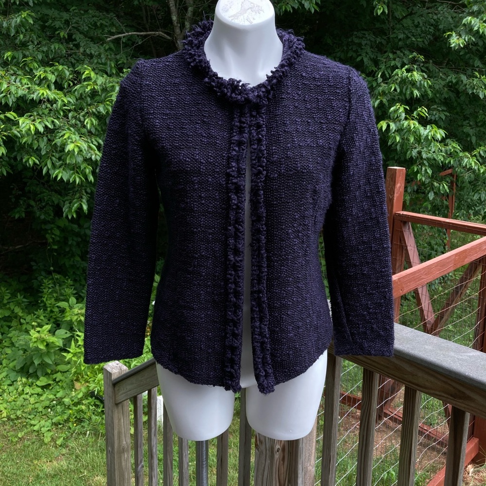 Black and deep purple nubby knit yarn ruffled sweater size S